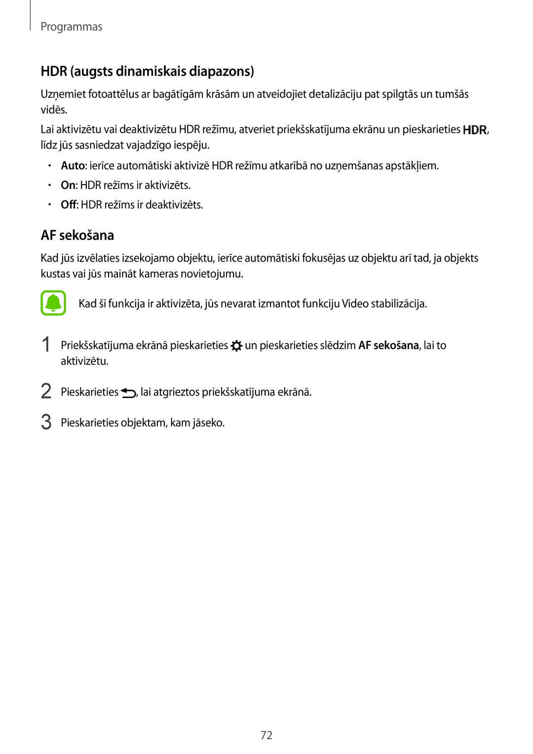 Samsung SM-G928FZKESEB, SM-G928FZKASEB, SM-G928FZDASEB, SM-G928FZSASEB manual HDR augsts dinamiskais diapazons, AF sekošana 
