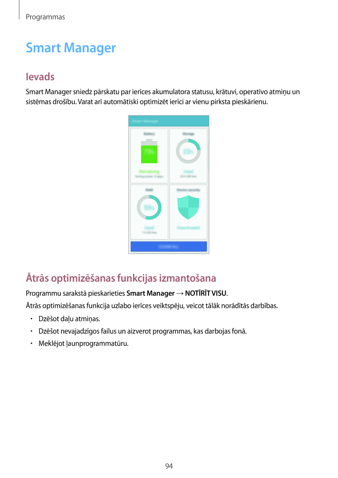 Samsung SM-G928FZDESEB, SM-G928FZKASEB, SM-G928FZDASEB manual Smart Manager, Ātrās optimizēšanas funkcijas izmantošana 