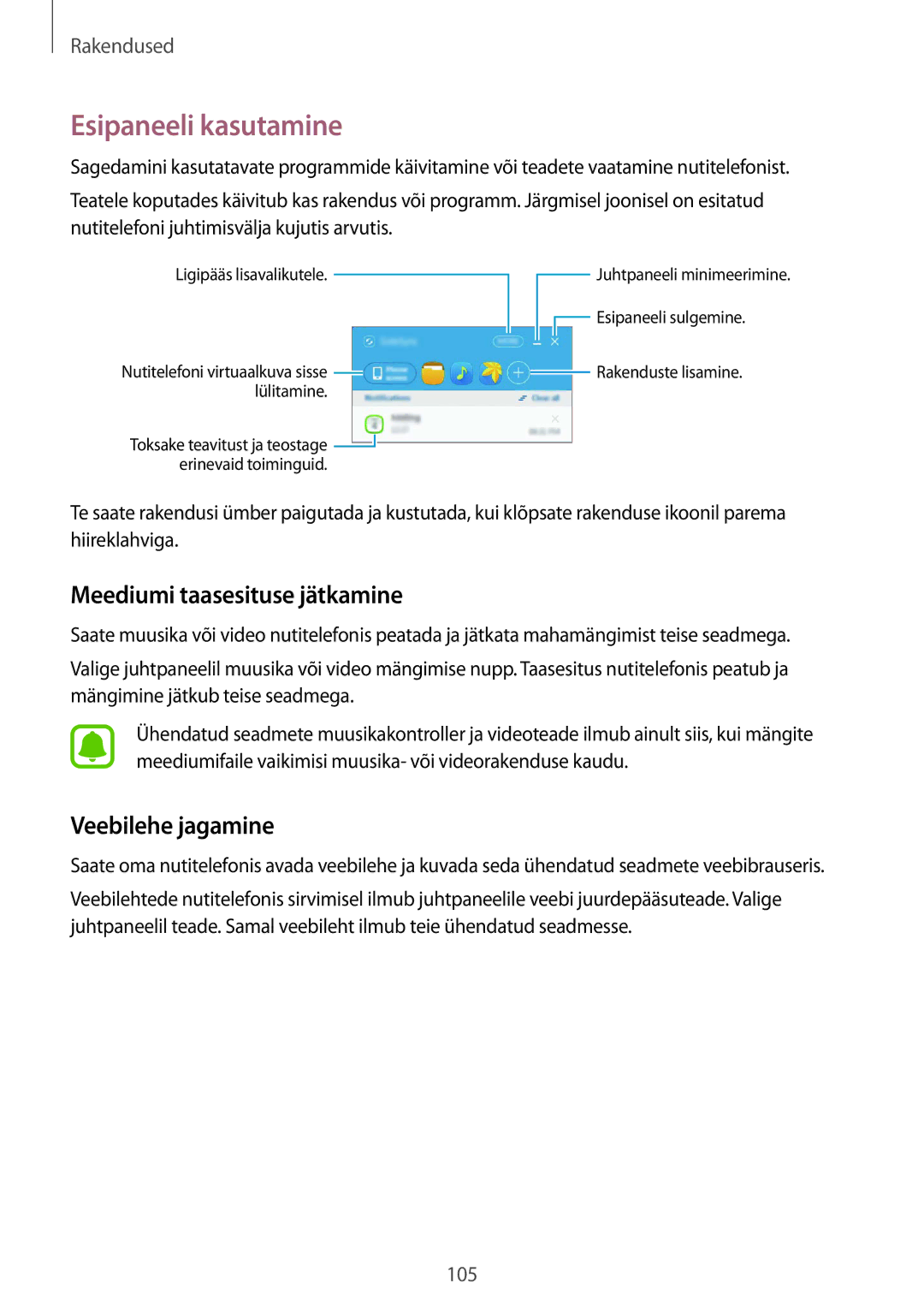 Samsung SM-G928FZKASEB, SM-G928FZDASEB manual Esipaneeli kasutamine, Meediumi taasesituse jätkamine, Veebilehe jagamine 