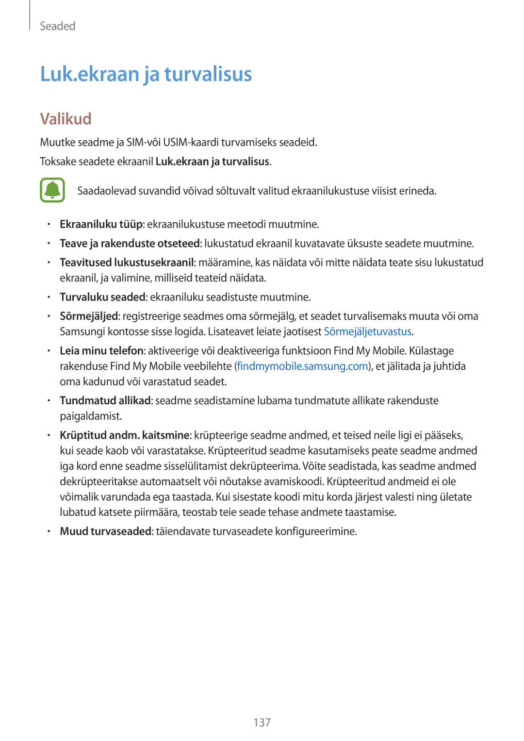 Samsung SM-G928FZKESEB, SM-G928FZKASEB, SM-G928FZDASEB, SM-G928FZSASEB, SM-G928FZDESEB manual Luk.ekraan ja turvalisus, Valikud 