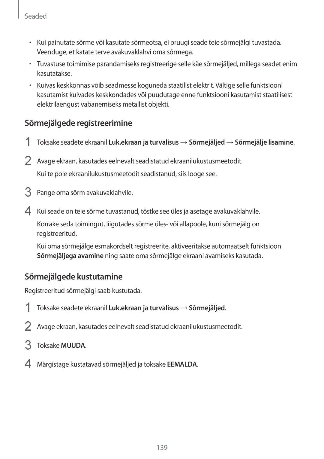 Samsung SM-G928FZDESEB, SM-G928FZKASEB, SM-G928FZDASEB manual Sõrmejälgede registreerimine, Sõrmejälgede kustutamine 