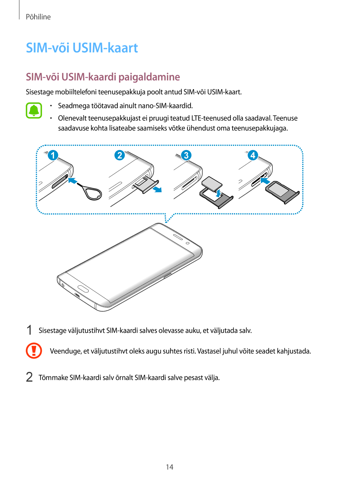 Samsung SM-G928FZDESEB, SM-G928FZKASEB, SM-G928FZDASEB, SM-G928FZKESEB SIM-või USIM-kaart, SIM-või USIM-kaardi paigaldamine 