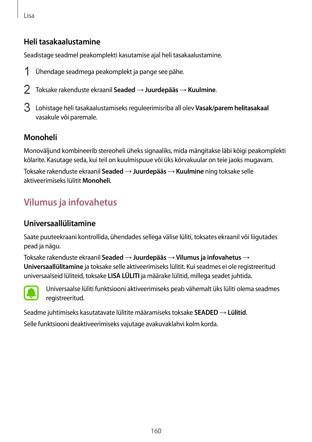 Samsung SM-G928FZKASEB, SM-G928FZDASEB manual Vilumus ja infovahetus, Heli tasakaalustamine, Monoheli, Universaallülitamine 