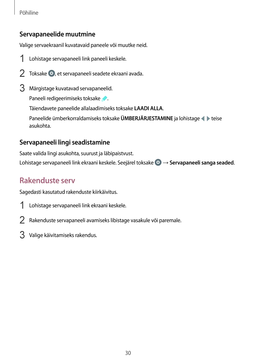 Samsung SM-G928FZKASEB, SM-G928FZDASEB manual Rakenduste serv, Servapaneelide muutmine, Servapaneeli lingi seadistamine 