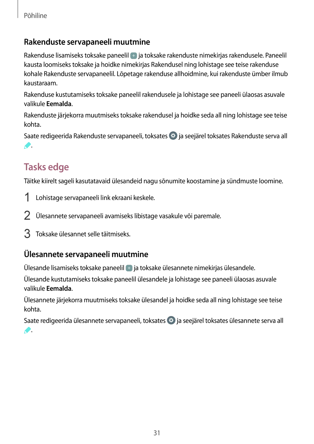 Samsung SM-G928FZDASEB, SM-G928FZKASEB manual Tasks edge, Rakenduste servapaneeli muutmine, Ülesannete servapaneeli muutmine 