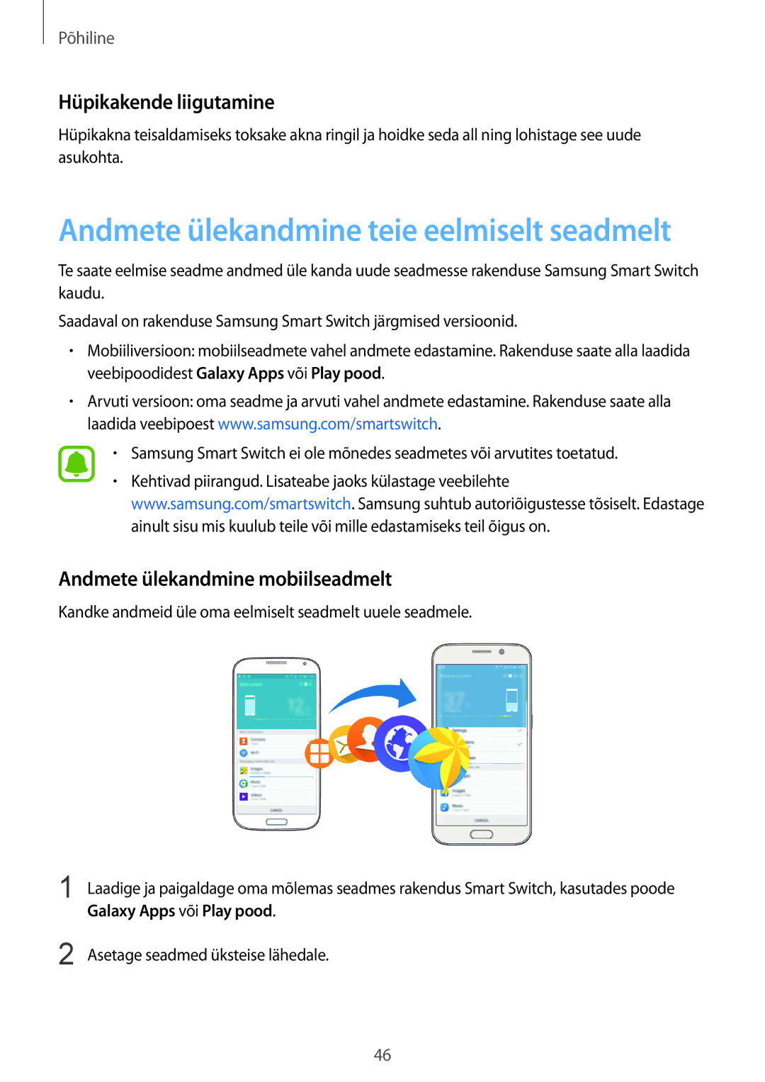 Samsung SM-G928FZDASEB manual Hüpikakende liigutamine, Andmete ülekandmine mobiilseadmelt, Galaxy Apps või Play pood 