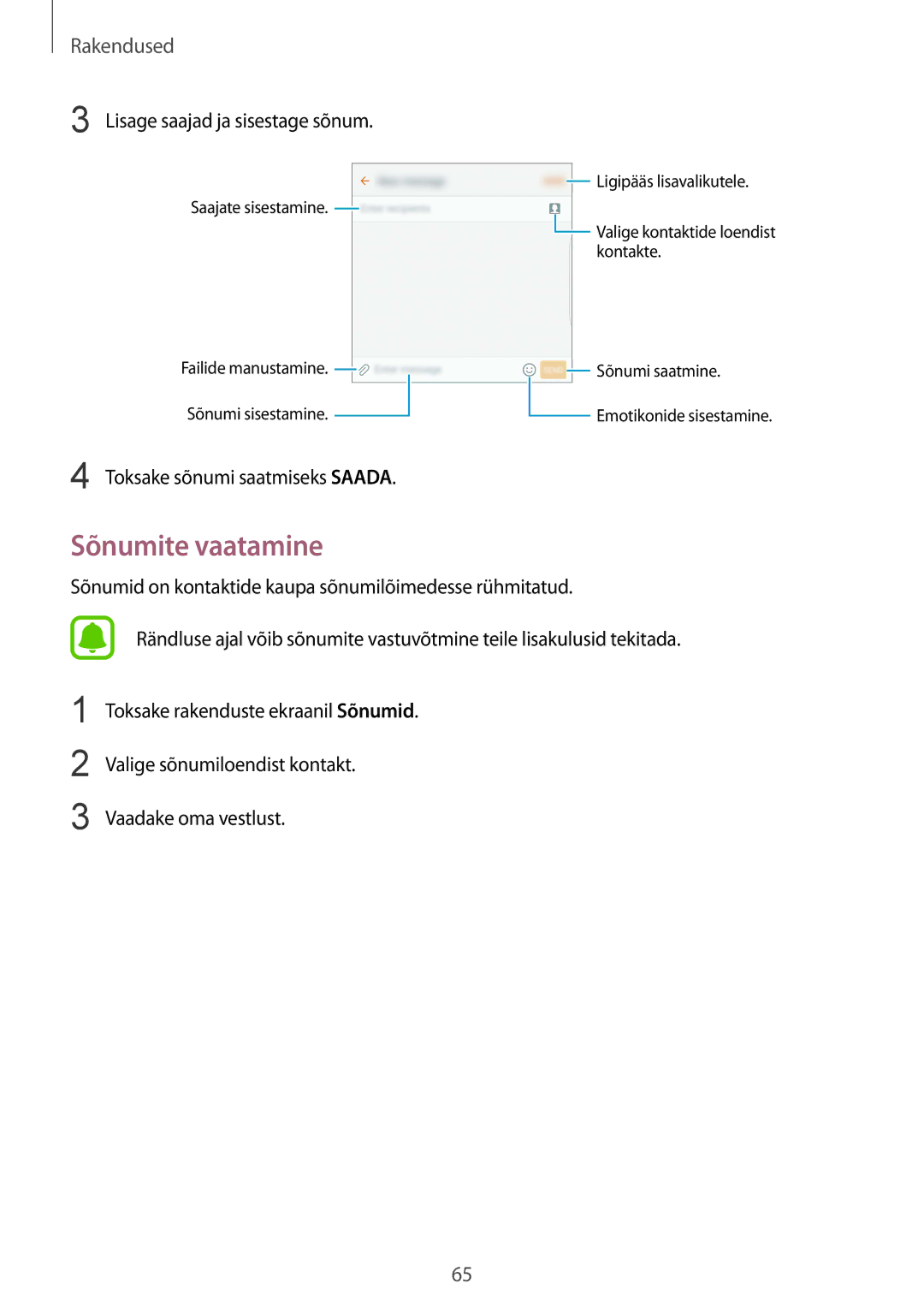 Samsung SM-G928FZKASEB, SM-G928FZDASEB, SM-G928FZKESEB, SM-G928FZSASEB Sõnumite vaatamine, Lisage saajad ja sisestage sõnum 