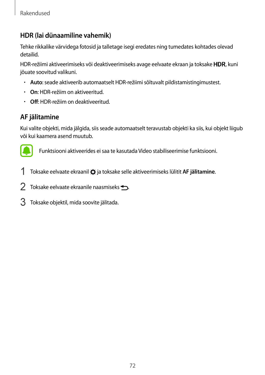 Samsung SM-G928FZKESEB, SM-G928FZKASEB, SM-G928FZDASEB, SM-G928FZSASEB manual HDR lai dünaamiline vahemik, AF jälitamine 