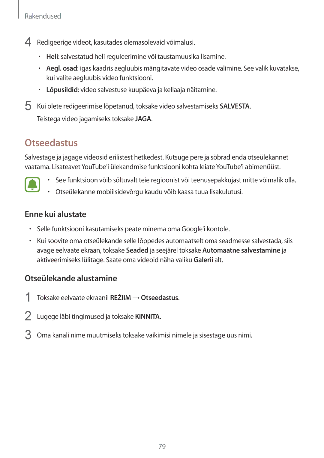 Samsung SM-G928FZDESEB, SM-G928FZKASEB, SM-G928FZDASEB manual Otseedastus, Enne kui alustate, Otseülekande alustamine 