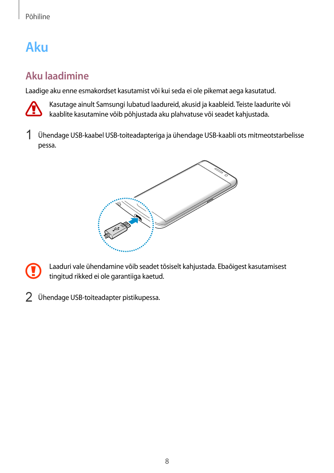 Samsung SM-G928FZSASEB, SM-G928FZKASEB, SM-G928FZDASEB, SM-G928FZKESEB, SM-G928FZDESEB manual Aku laadimine 