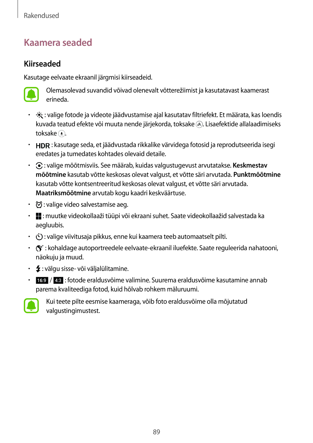 Samsung SM-G928FZDESEB, SM-G928FZKASEB, SM-G928FZDASEB, SM-G928FZKESEB, SM-G928FZSASEB manual Kaamera seaded, Kiirseaded 