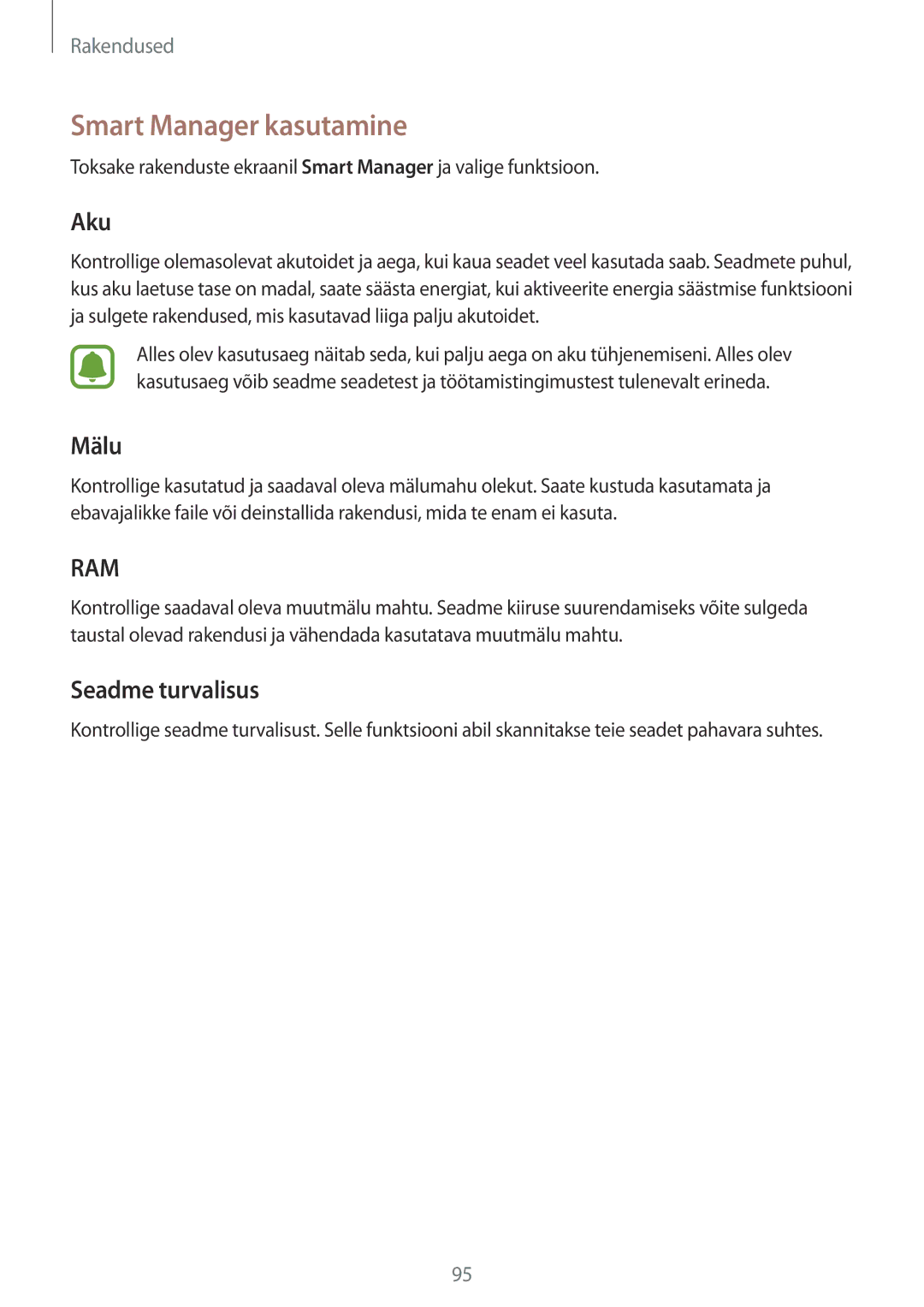 Samsung SM-G928FZKASEB, SM-G928FZDASEB, SM-G928FZKESEB manual Smart Manager kasutamine, Aku, Mälu, Seadme turvalisus 