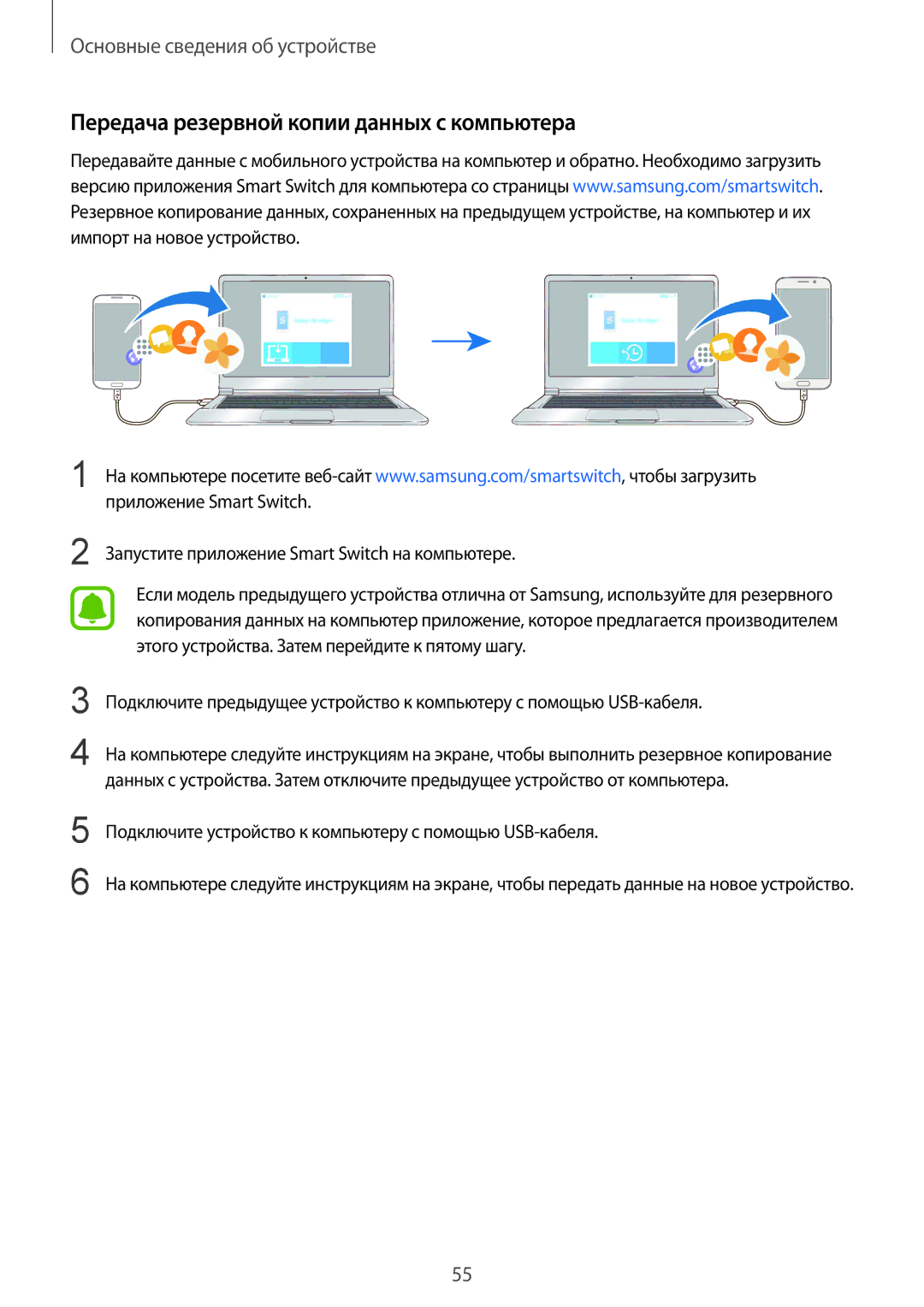 Samsung SM-G928FZDASER, SM-G928FZKASEB manual Передача резервной копии данных с компьютера, Приложение Smart Switch 