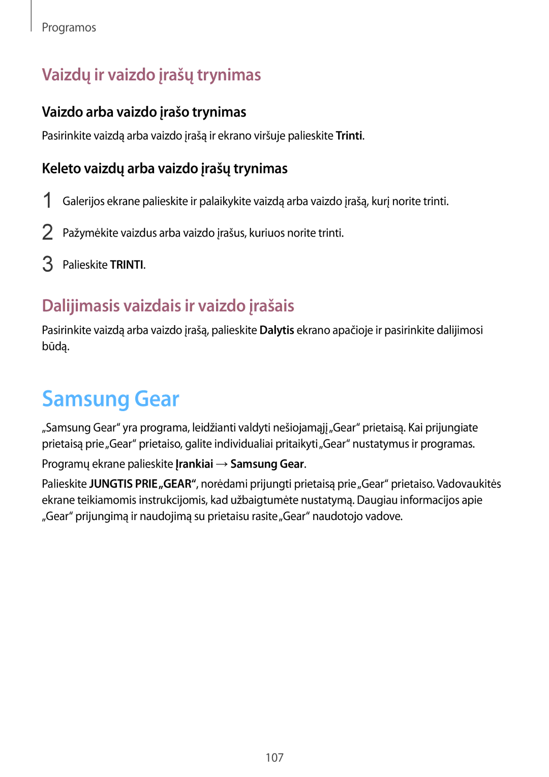 Samsung SM-G925FZKASEB manual Samsung Gear, Vaizdų ir vaizdo įrašų trynimas, Dalijimasis vaizdais ir vaizdo įrašais 