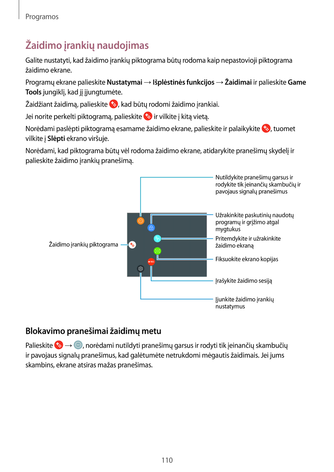 Samsung SM-G928FZKESEB, SM-G928FZKASEB, SM-G928FZDASEB manual Žaidimo įrankių naudojimas, Blokavimo pranešimai žaidimų metu 