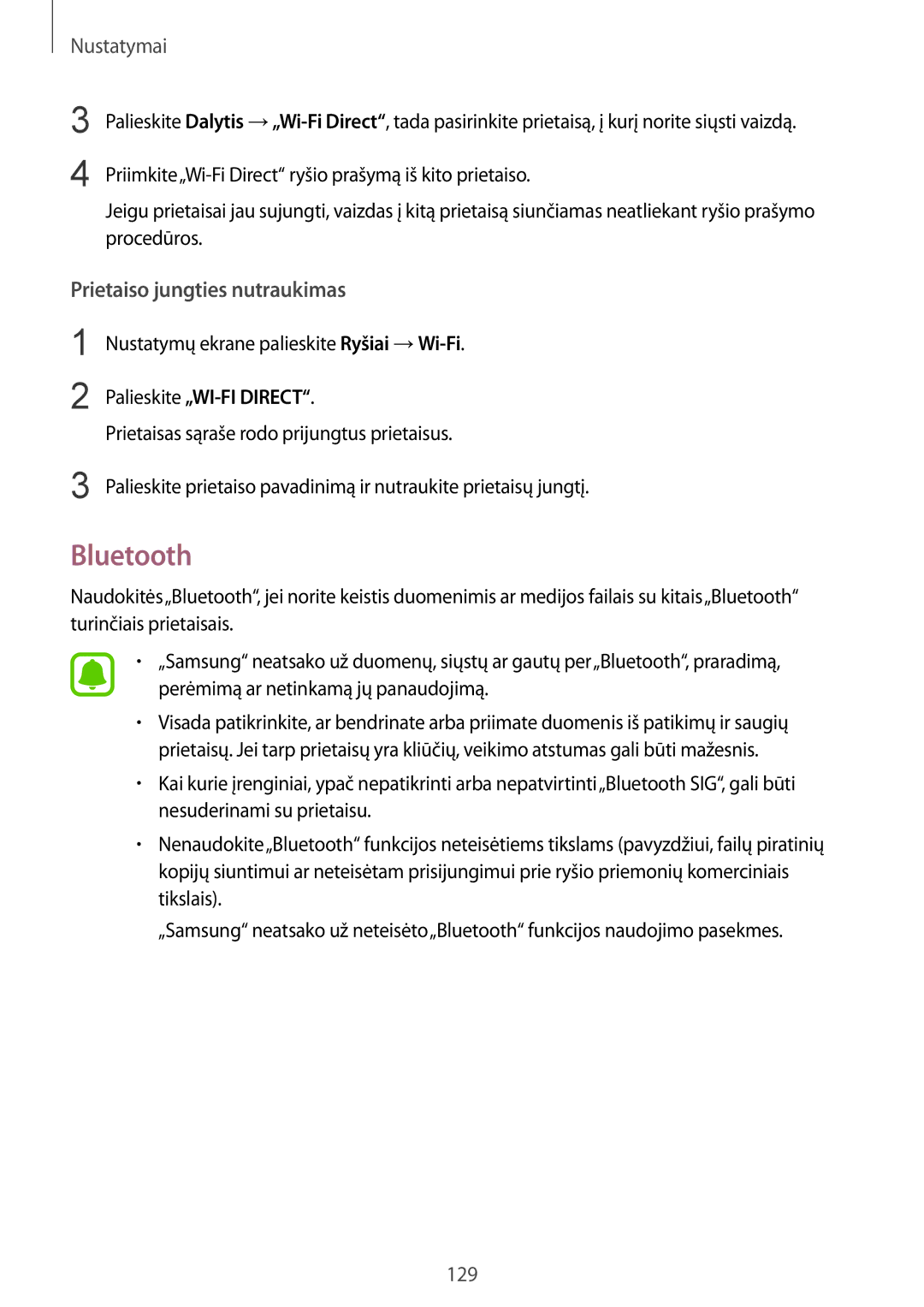 Samsung SM-G928FZSASEB, SM-G928FZKASEB, SM-G928FZDASEB, SM-G928FZKESEB manual Bluetooth, Prietaiso jungties nutraukimas 