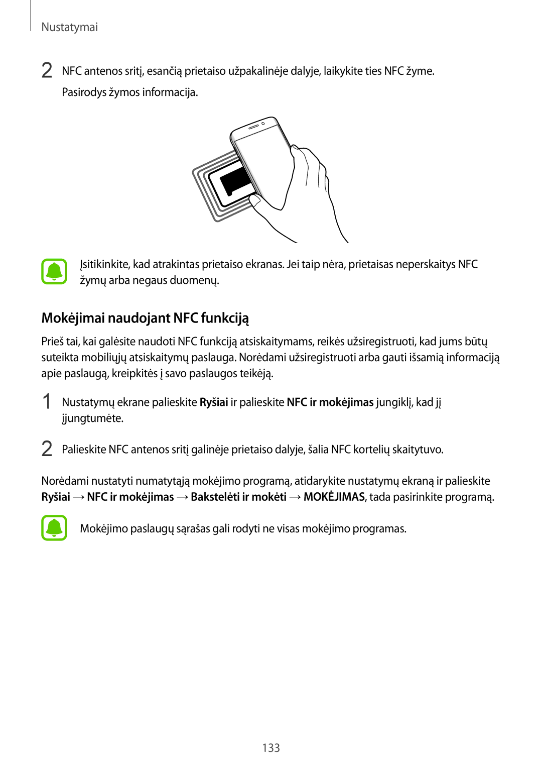 Samsung SM-G928FZDASEB, SM-G928FZKASEB, SM-G928FZKESEB, SM-G928FZSASEB, SM-G928FZDESEB manual Mokėjimai naudojant NFC funkciją 