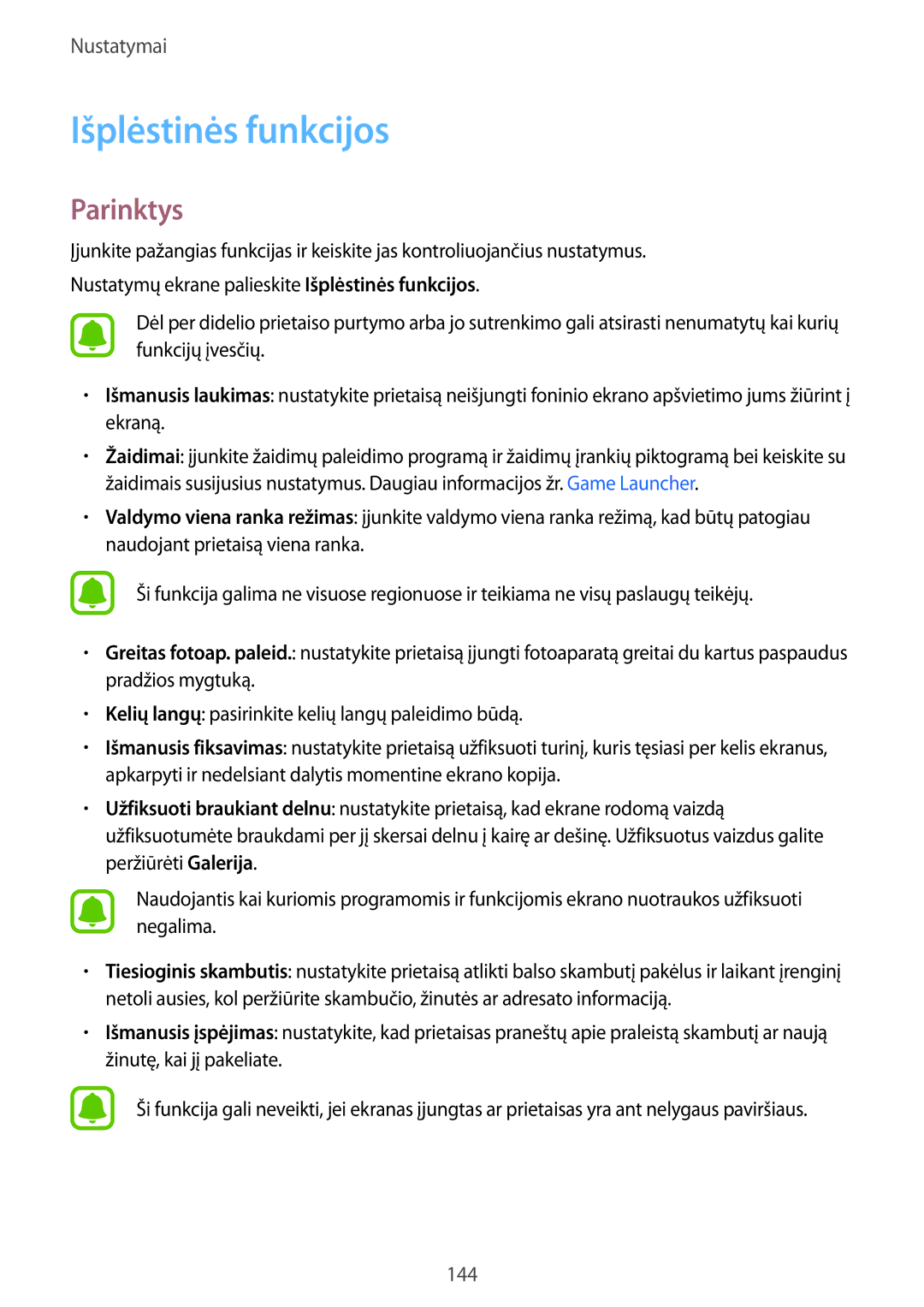 Samsung SM-G928FZKASEB, SM-G928FZDASEB, SM-G928FZKESEB, SM-G928FZSASEB, SM-G928FZDESEB manual Išplėstinės funkcijos, Parinktys 