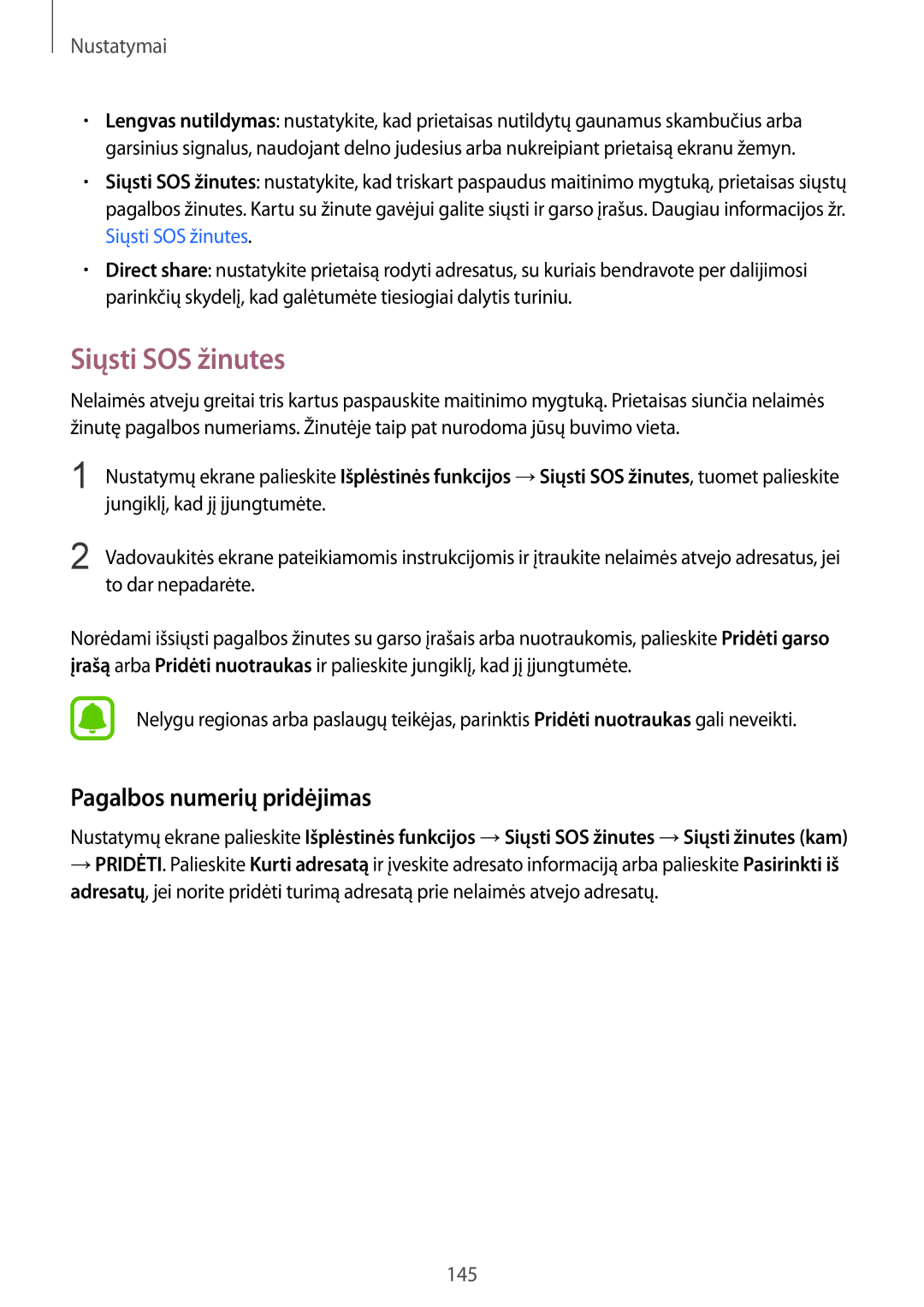 Samsung SM-G928FZDASEB, SM-G928FZKASEB, SM-G928FZKESEB, SM-G928FZSASEB manual Siųsti SOS žinutes, Pagalbos numerių pridėjimas 