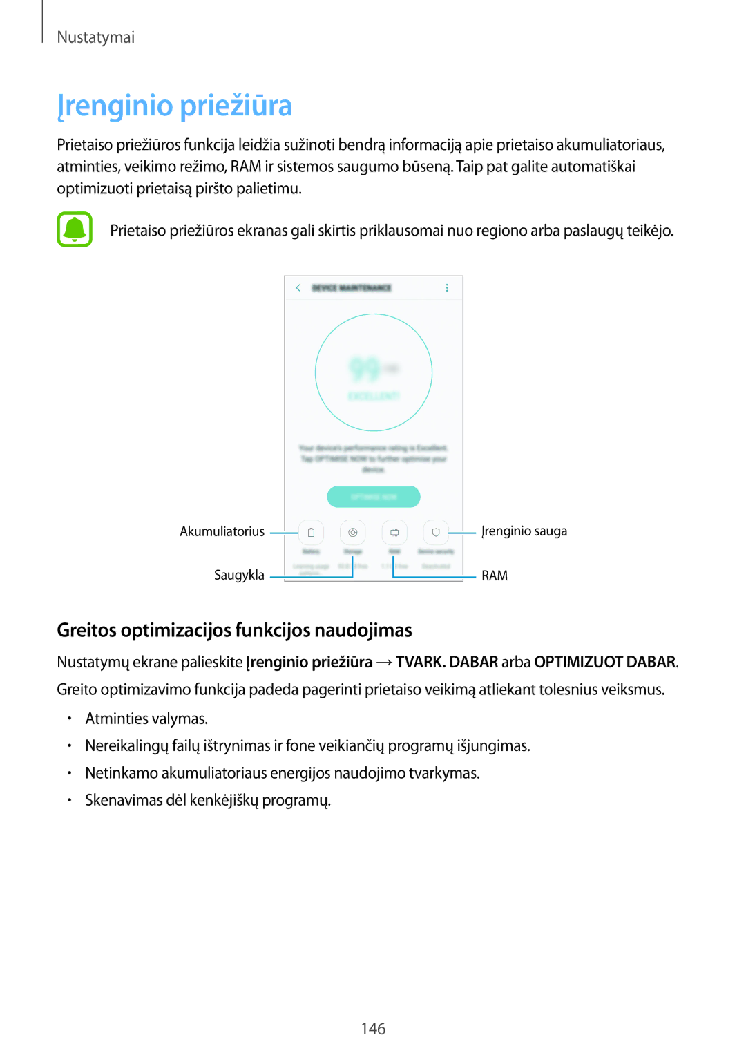 Samsung SM-G928FZKESEB, SM-G928FZKASEB, SM-G928FZDASEB manual Įrenginio priežiūra, Greitos optimizacijos funkcijos naudojimas 