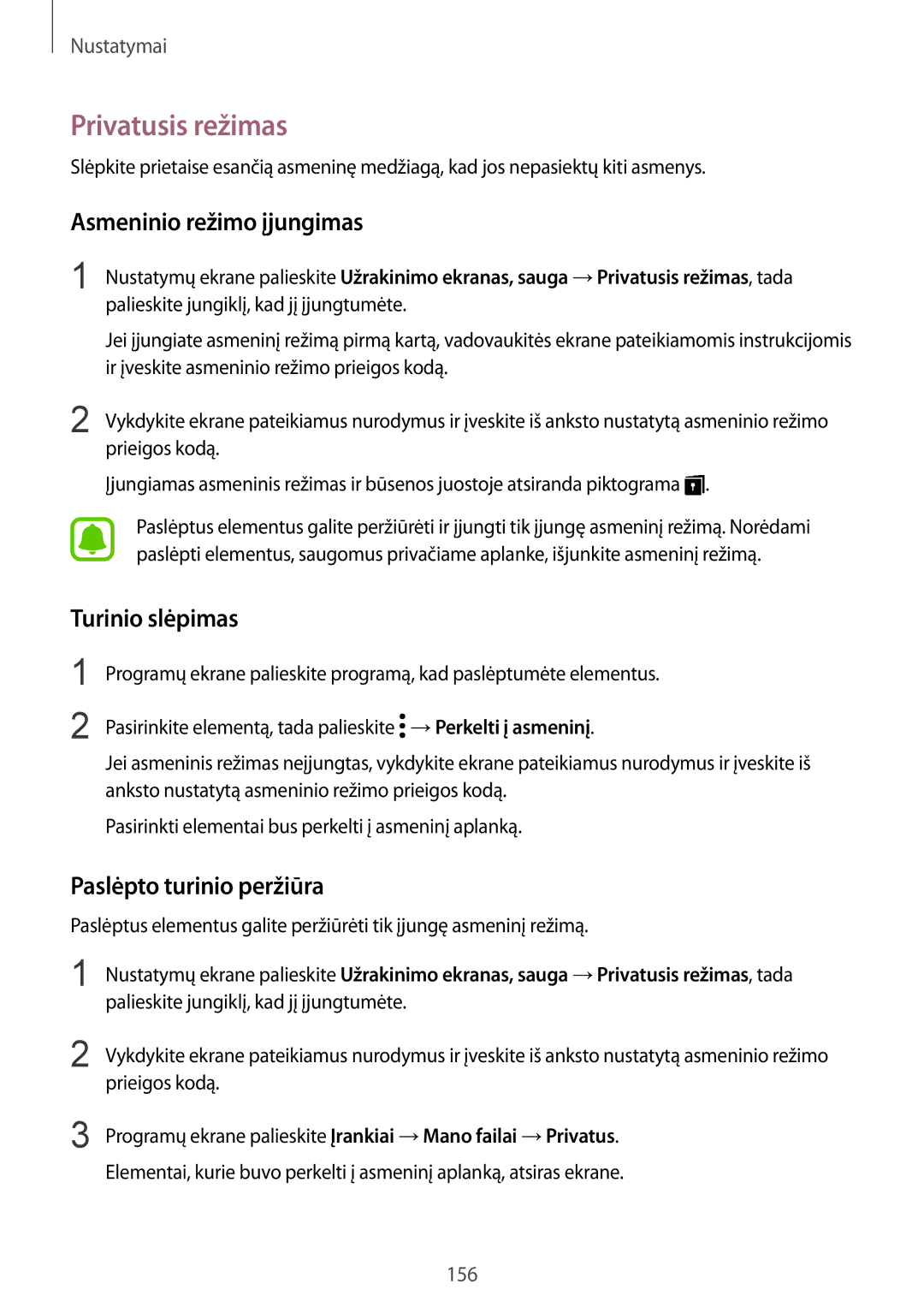 Samsung SM-G928FZKASEB manual Privatusis režimas, Asmeninio režimo įjungimas, Turinio slėpimas, Paslėpto turinio peržiūra 