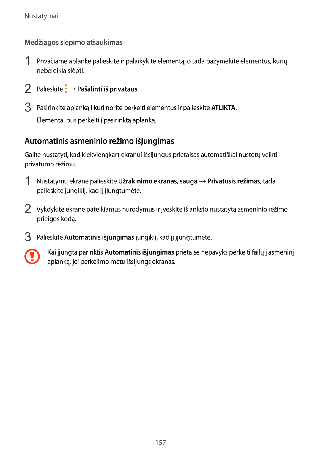 Samsung SM-G928FZDASEB, SM-G928FZKASEB manual Automatinis asmeninio režimo išjungimas, Medžiagos slėpimo atšaukimas 