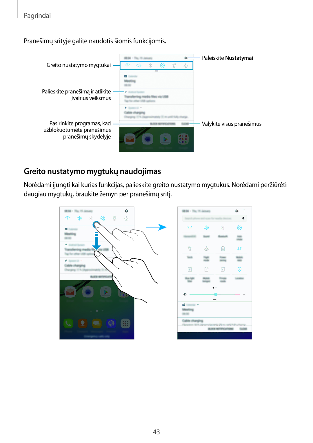 Samsung SM-G928FZDASEB manual Greito nustatymo mygtukų naudojimas, Pranešimų srityje galite naudotis šiomis funkcijomis 