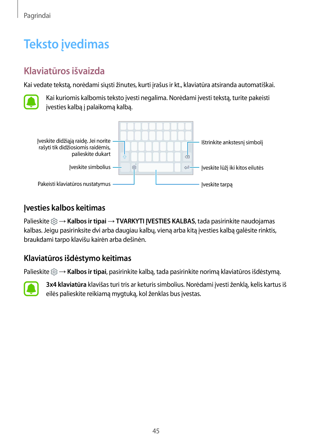 Samsung SM-G928FZSASEB Teksto įvedimas, Klaviatūros išvaizda, Įvesties kalbos keitimas, Klaviatūros išdėstymo keitimas 