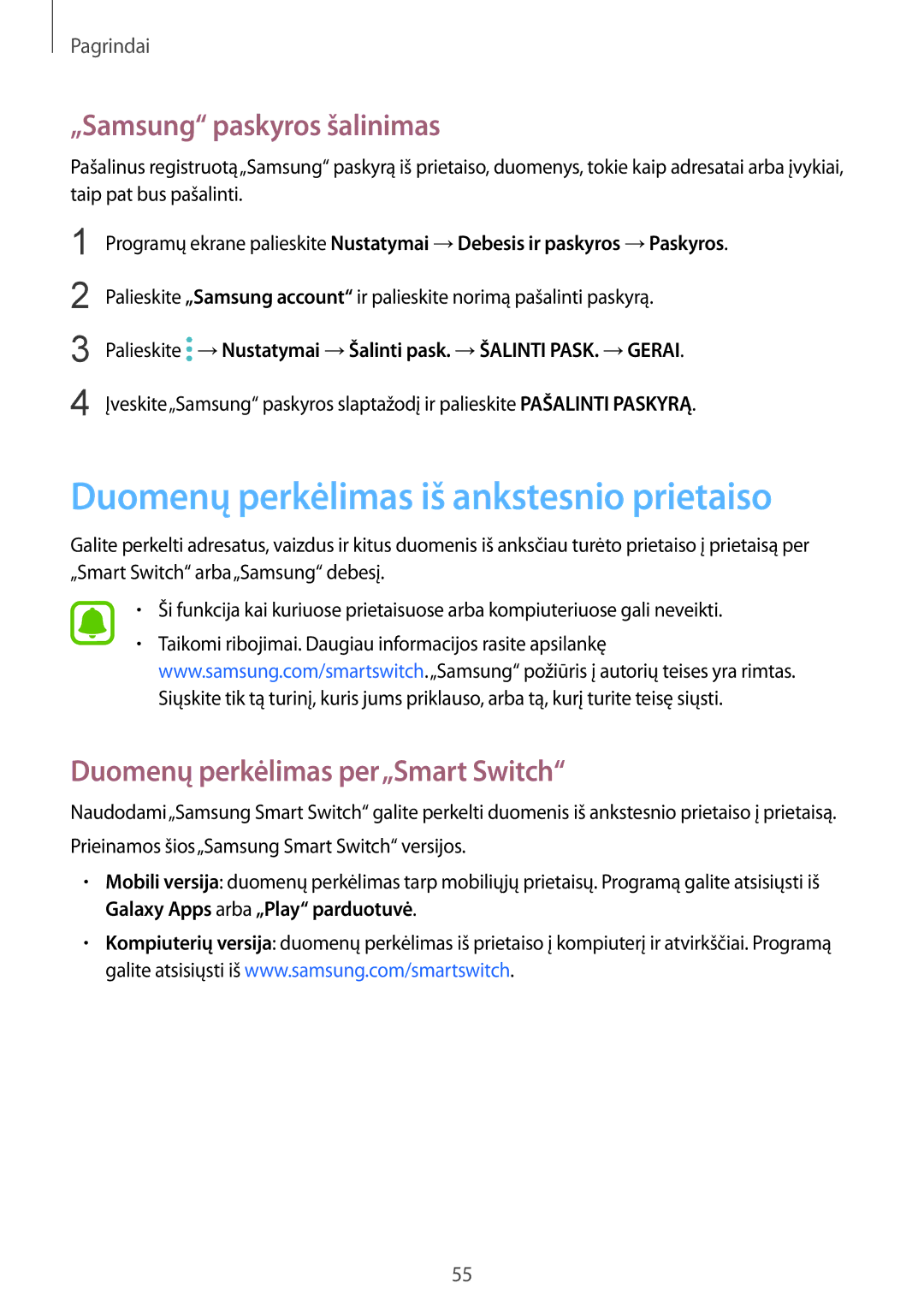 Samsung SM-G928FZDASEB, SM-G928FZKASEB manual Duomenų perkėlimas iš ankstesnio prietaiso, „Samsung paskyros šalinimas 