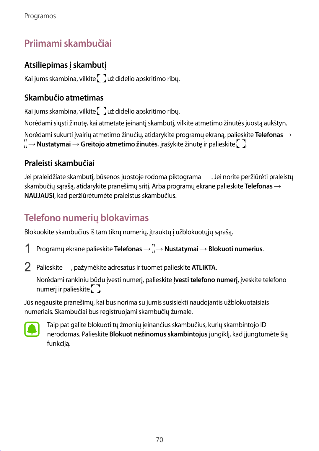 Samsung SM-G928FZDESEB Priimami skambučiai, Telefono numerių blokavimas, Atsiliepimas į skambutį, Skambučio atmetimas 