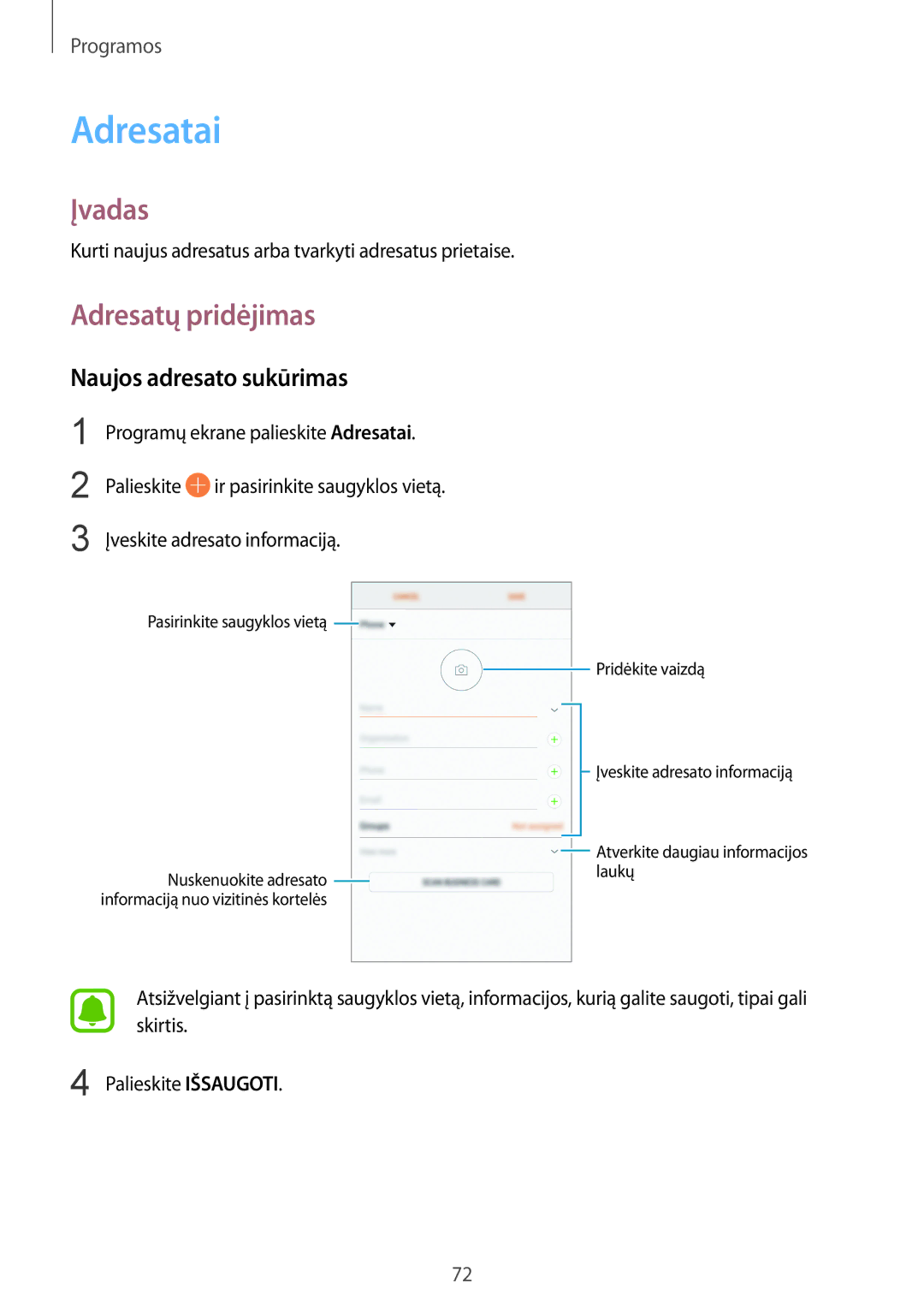 Samsung SM-G928FZKASEB, SM-G928FZDASEB, SM-G928FZKESEB manual Adresatai, Adresatų pridėjimas, Naujos adresato sukūrimas 