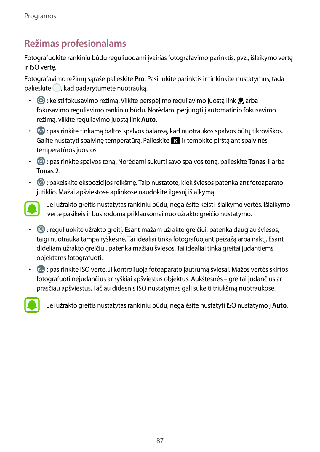 Samsung SM-G928FZSASEB, SM-G928FZKASEB, SM-G928FZDASEB, SM-G928FZKESEB, SM-G928FZDESEB manual Režimas profesionalams, Tonas 