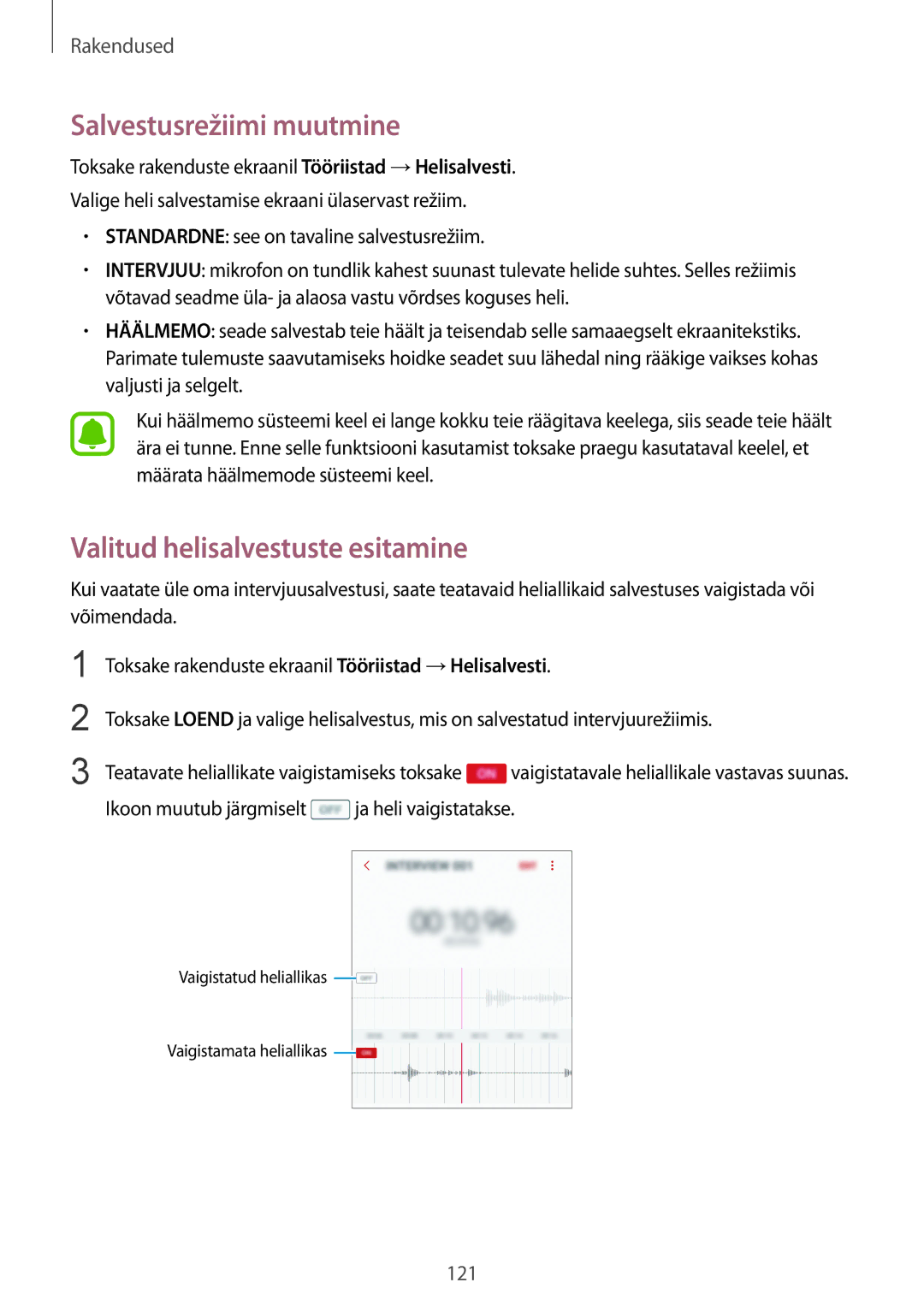 Samsung SM-G928FZDASEB, SM-G928FZKASEB, SM-G928FZKESEB manual Salvestusrežiimi muutmine, Valitud helisalvestuste esitamine 