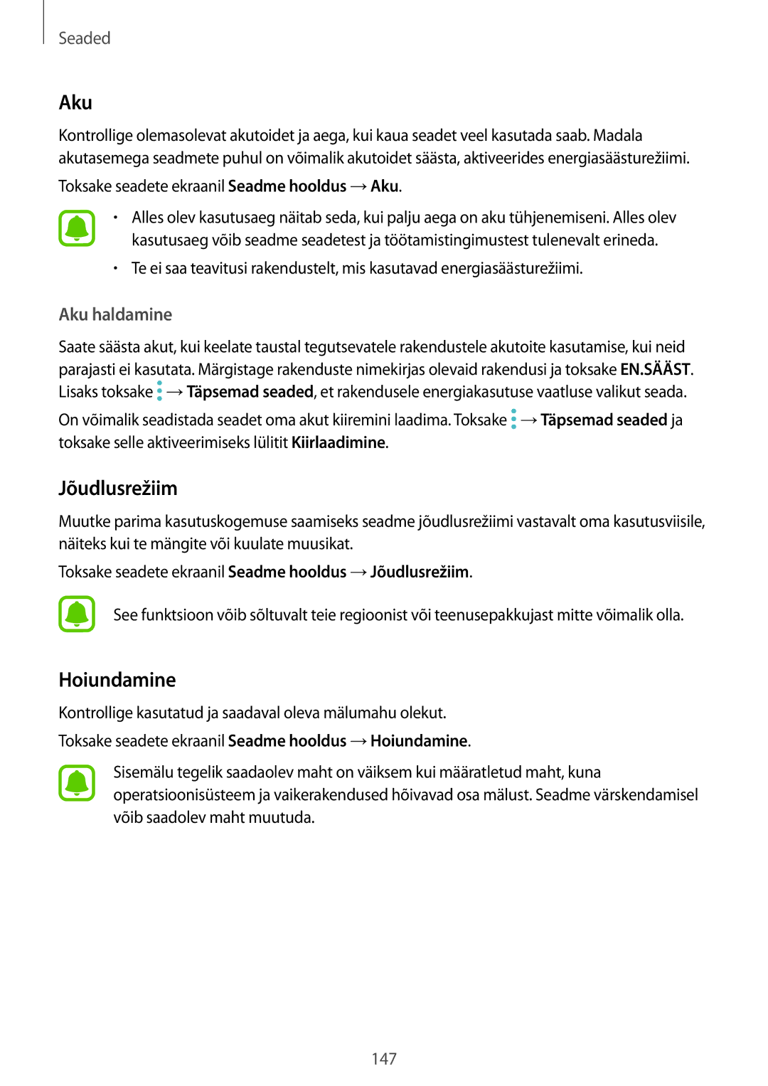 Samsung SM-G928FZSASEB, SM-G928FZKASEB, SM-G928FZDASEB, SM-G928FZKESEB manual Jõudlusrežiim, Hoiundamine, Aku haldamine 