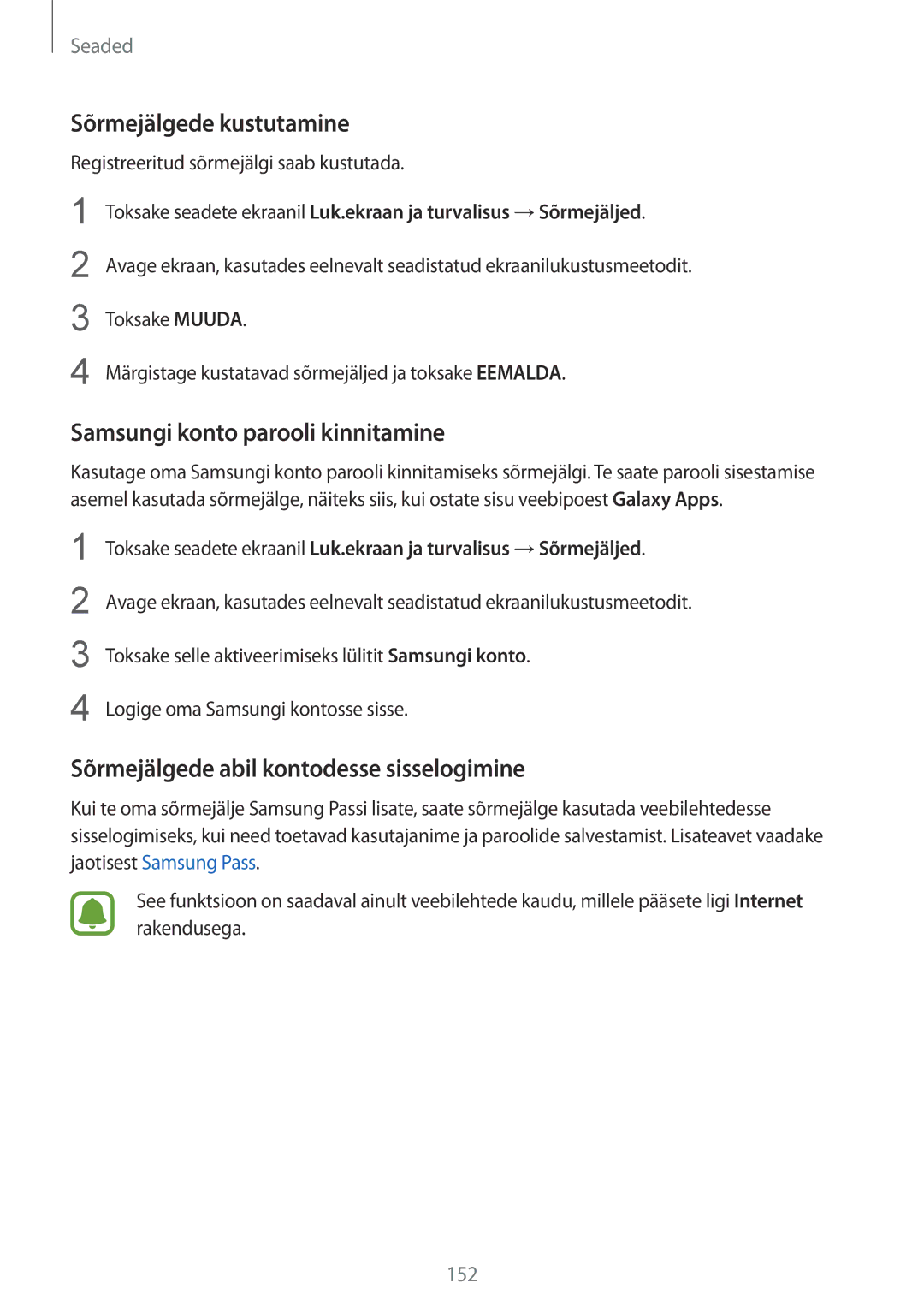 Samsung SM-G928FZKESEB, SM-G928FZKASEB, SM-G928FZDASEB manual Sõrmejälgede kustutamine, Samsungi konto parooli kinnitamine 