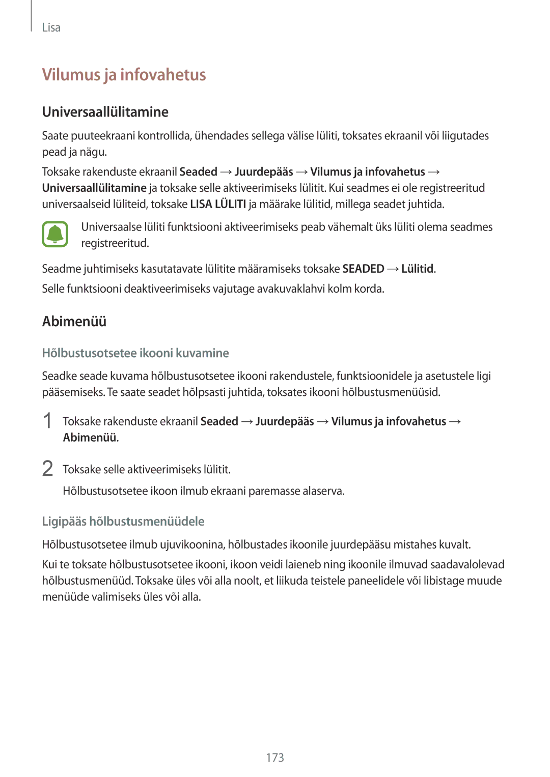 Samsung SM-G925FZKASEB manual Vilumus ja infovahetus, Universaallülitamine, Abimenüü, Hõlbustusotsetee ikooni kuvamine 