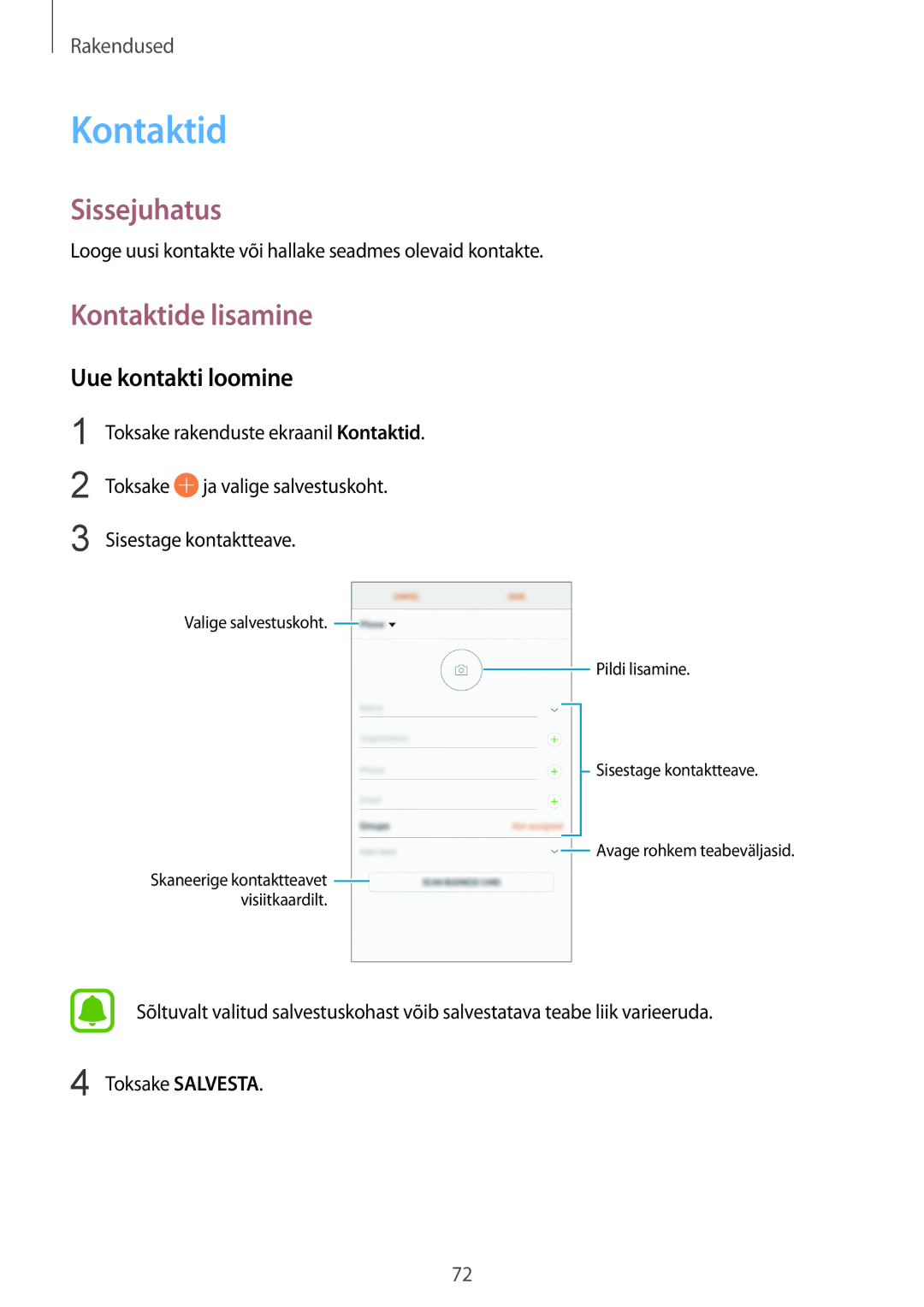 Samsung SM-G928FZKASEB, SM-G928FZDASEB, SM-G928FZKESEB, SM-G928FZSASEB manual Kontaktide lisamine, Uue kontakti loomine 