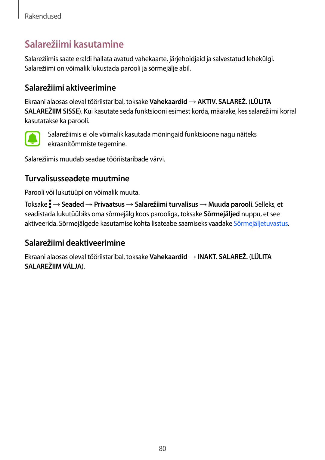 Samsung SM-G928FZKESEB, SM-G928FZKASEB manual Salarežiimi kasutamine, Salarežiimi aktiveerimine, Turvalisusseadete muutmine 