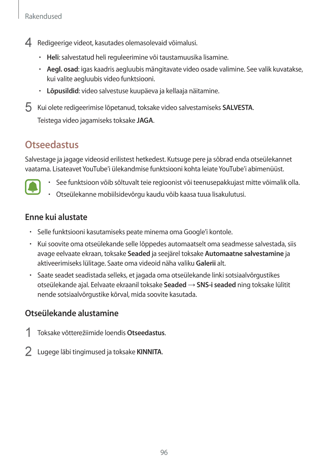 Samsung SM-G928FZKASEB, SM-G928FZDASEB, SM-G928FZKESEB manual Otseedastus, Enne kui alustate, Otseülekande alustamine 