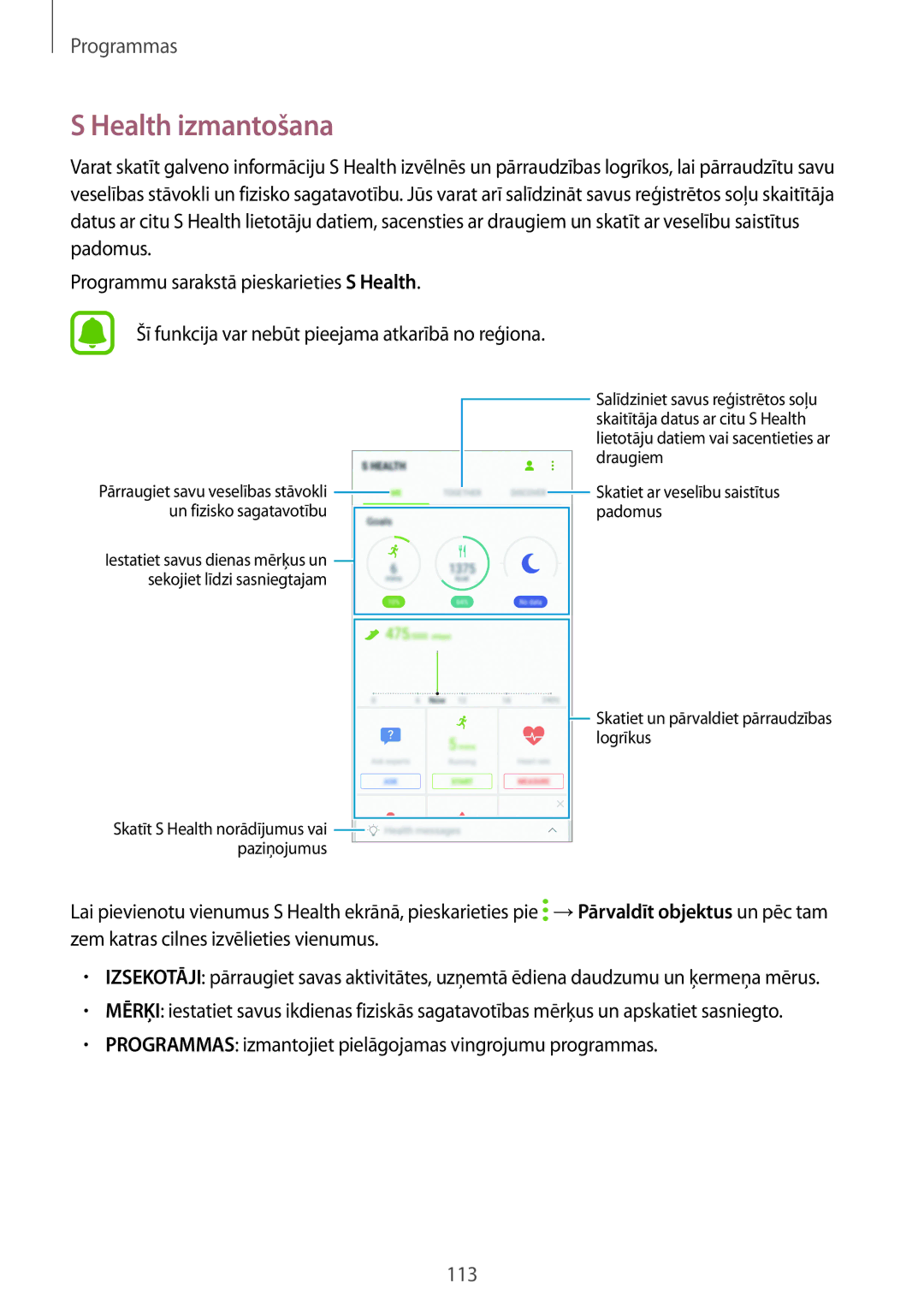 Samsung SM-G925FZKASEB, SM-G928FZKASEB, SM-G928FZDASEB, SM-G928FZKESEB, SM-G928FZSASEB, SM-G928FZDESEB manual Health izmantošana 