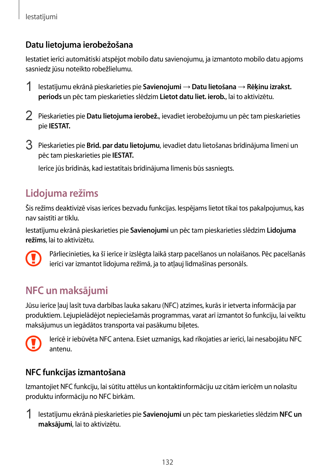 Samsung SM-G928FZKASEB manual Lidojuma režīms, NFC un maksājumi, Datu lietojuma ierobežošana, NFC funkcijas izmantošana 