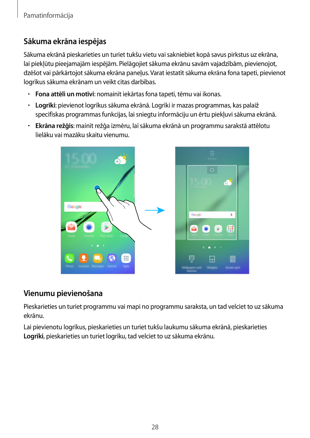 Samsung SM-G928FZDESEB, SM-G928FZKASEB, SM-G928FZDASEB, SM-G928FZKESEB manual Sākuma ekrāna iespējas, Vienumu pievienošana 