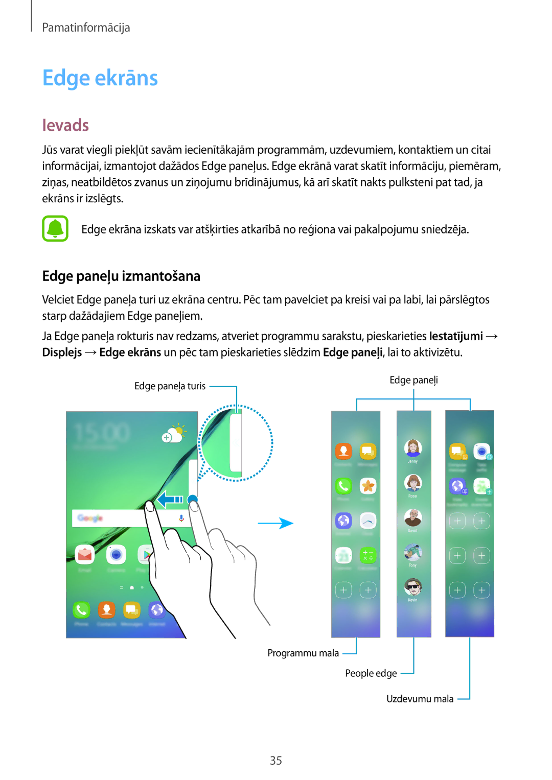 Samsung SM-G925FZKASEB, SM-G928FZKASEB, SM-G928FZDASEB, SM-G928FZKESEB manual Edge ekrāns, Ievads, Edge paneļu izmantošana 