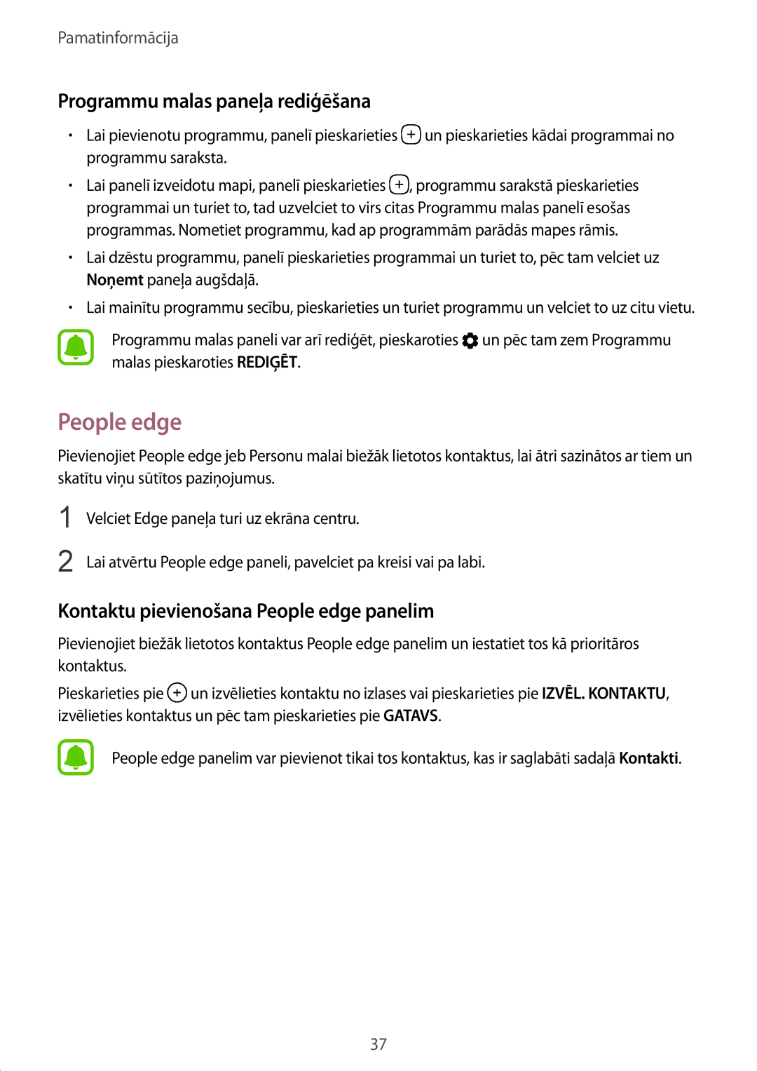 Samsung SM-G928FZDASEB, SM-G928FZKASEB Programmu malas paneļa rediģēšana, Kontaktu pievienošana People edge panelim 