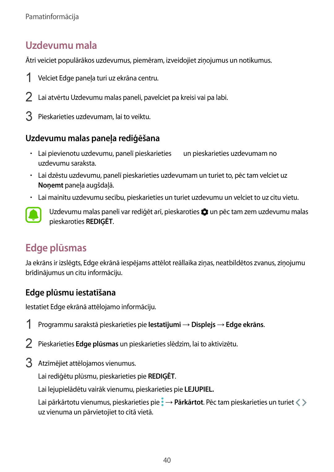Samsung SM-G928FZDESEB, SM-G928FZKASEB manual Edge plūsmas, Uzdevumu malas paneļa rediģēšana, Edge plūsmu iestatīšana 
