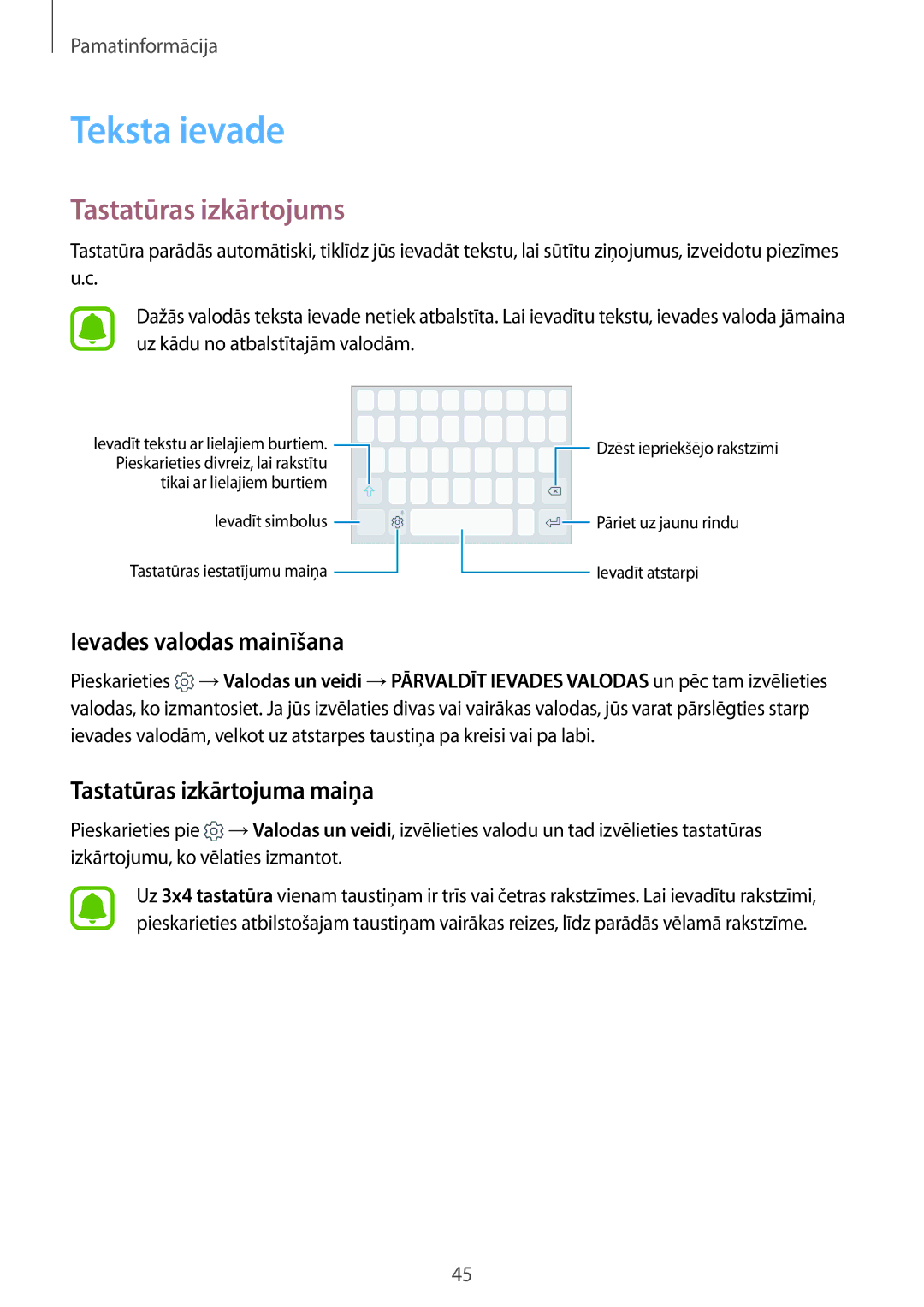 Samsung SM-G928FZSASEB Teksta ievade, Tastatūras izkārtojums, Ievades valodas mainīšana, Tastatūras izkārtojuma maiņa 