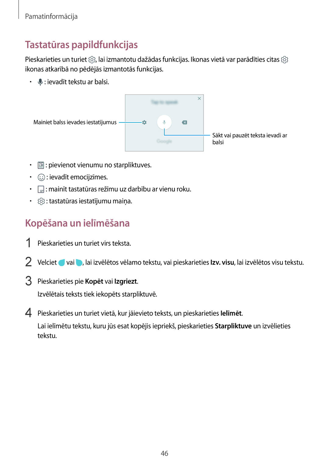 Samsung SM-G928FZDESEB manual Tastatūras papildfunkcijas, Kopēšana un ielīmēšana, Pieskarieties un turiet virs teksta 