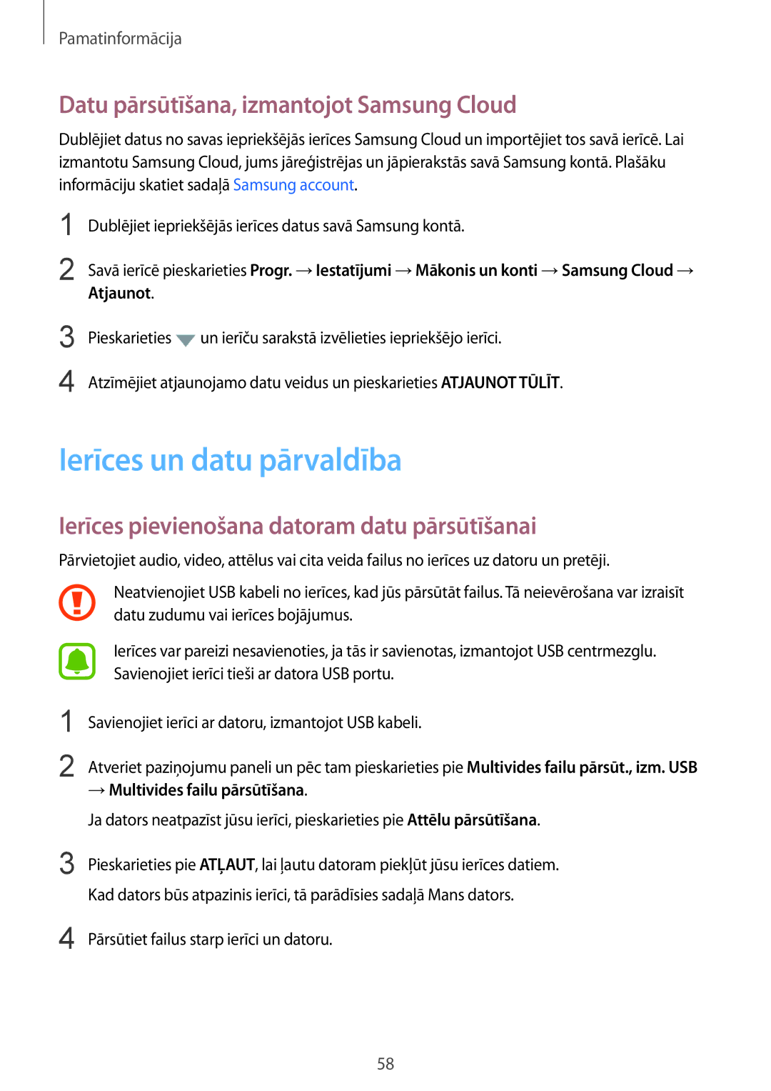 Samsung SM-G928FZDESEB, SM-G928FZKASEB manual Ierīces un datu pārvaldība, Datu pārsūtīšana, izmantojot Samsung Cloud 