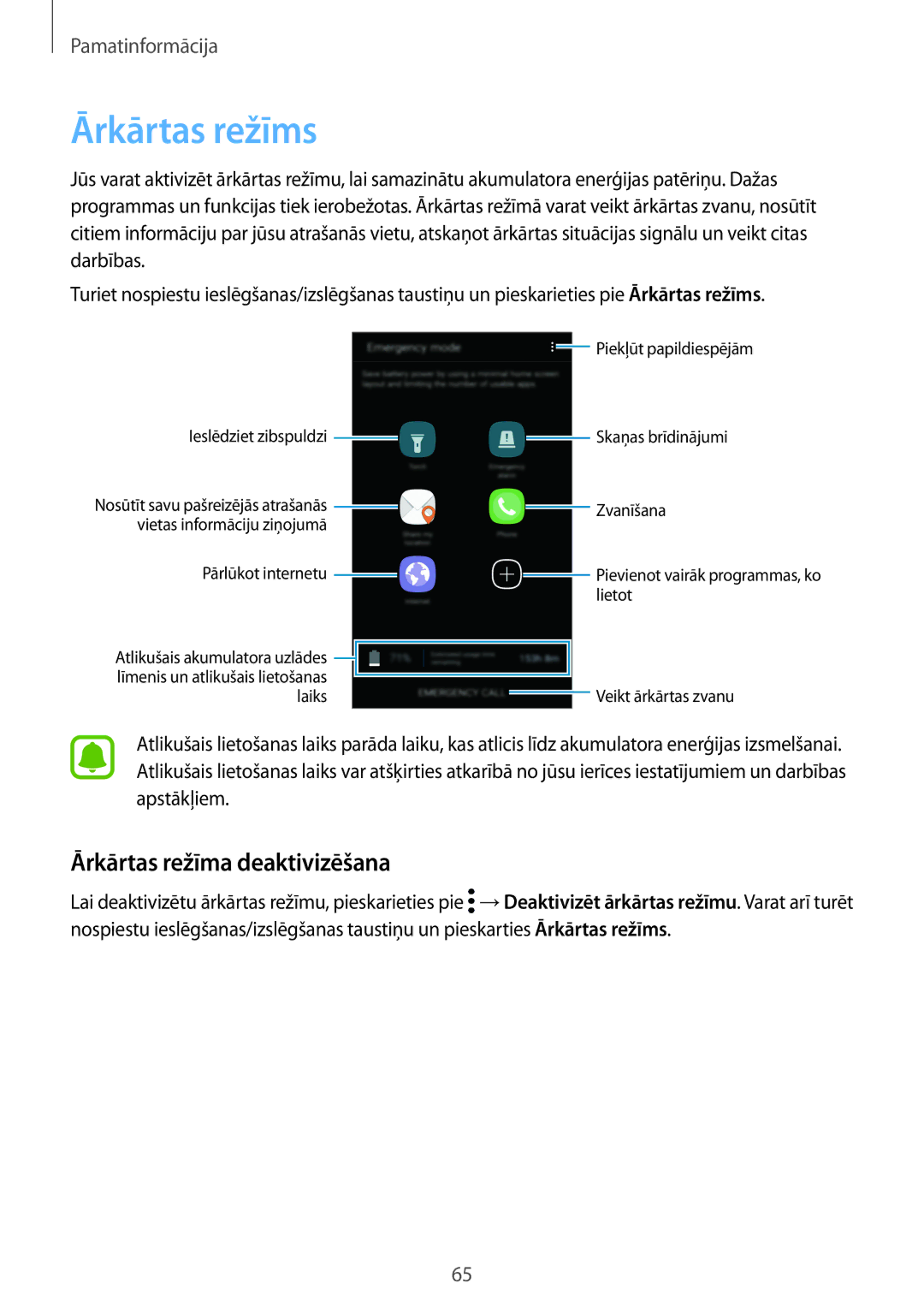 Samsung SM-G925FZKASEB, SM-G928FZKASEB, SM-G928FZDASEB, SM-G928FZKESEB manual Ārkārtas režīms, Ārkārtas režīma deaktivizēšana 