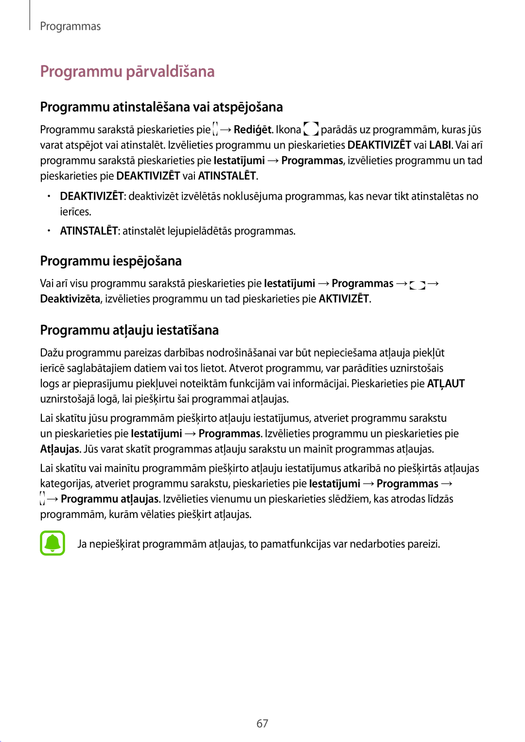 Samsung SM-G928FZDASEB manual Programmu pārvaldīšana, Programmu atinstalēšana vai atspējošana, Programmu iespējošana 